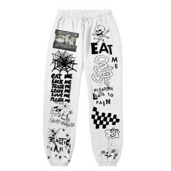 White Miley Cyrus sweatpants with black printed graphics on them
