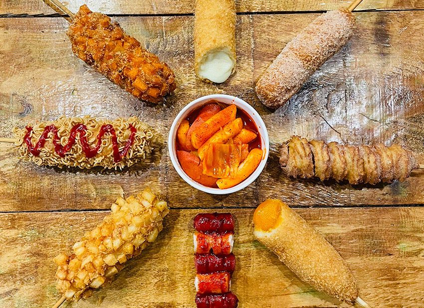 Overhead photo of different corn dog flavours from Toronto's K Seoul Hot Dog.