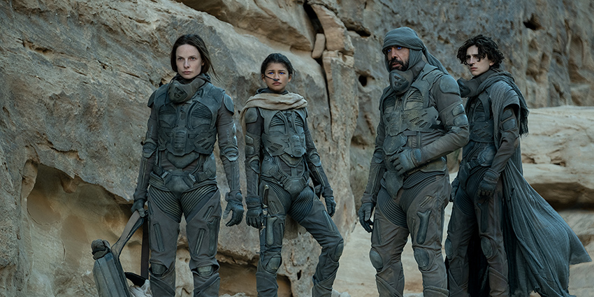 Javier Bardem, Rebecca Ferguson, Timothée Chalamet, and Zendaya in Dune (2021).