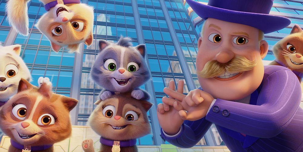 Six kittens and a moustached man in a purple suit from Paw Patrol: The Movie.