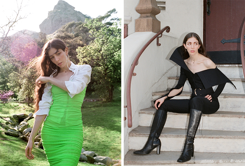 Side-by-side photos of Caroline Polachek. The left of her posing outside, surrounded by greenery, in a neon green bodycon dress with a white blouse underneath. The right of her sitting on steps in an all-black outfit.