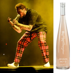 Post Malone performing on stage and a bottle of his rose.
