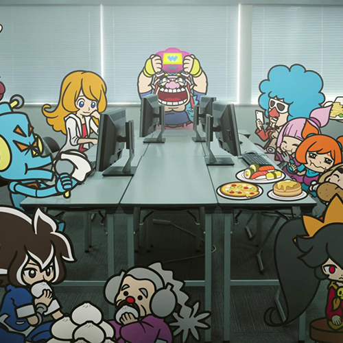 Video game still from WarioWare of various animated game characters, including Wario.