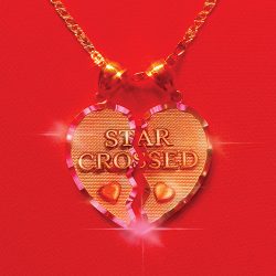 Cover art for Kacey Musgraves' new album Star-Crossed. A gold chain with a heart pendant split down the middle against a red background.