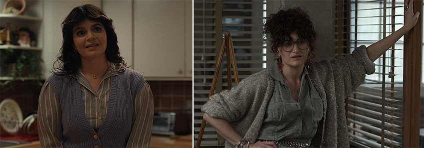 Casey Wilson and Kathryn Hahn in two different scenes from The Shrink Next Door.