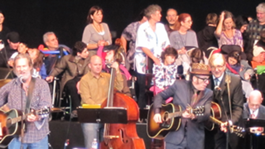 Jeff Bridges, Elvis Costello and T Bone Burnett at Bridge School Benefit.