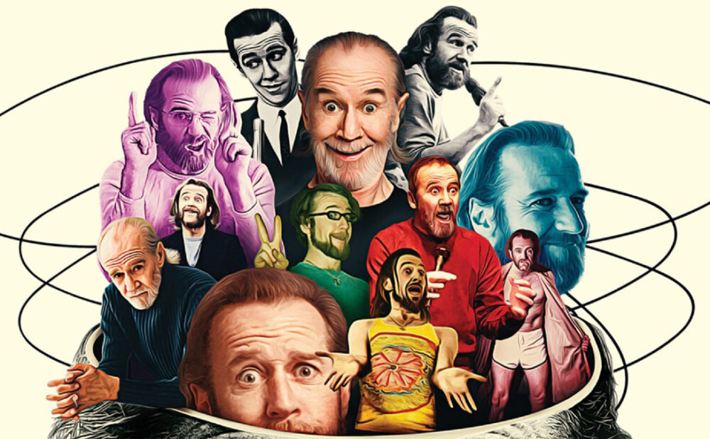 Graphic with different portraits of George Carlin