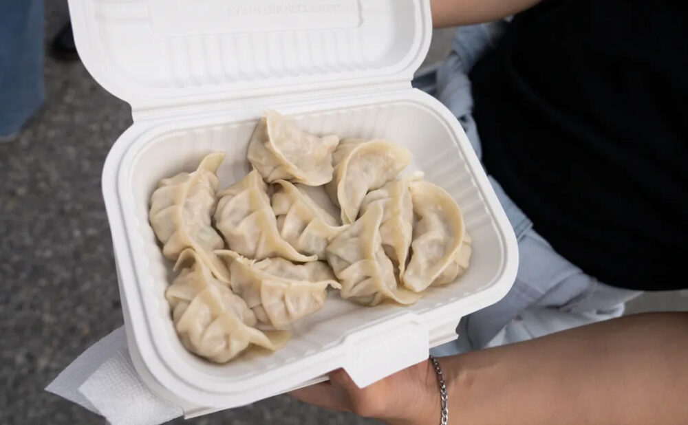 Person holding container full of dumplings