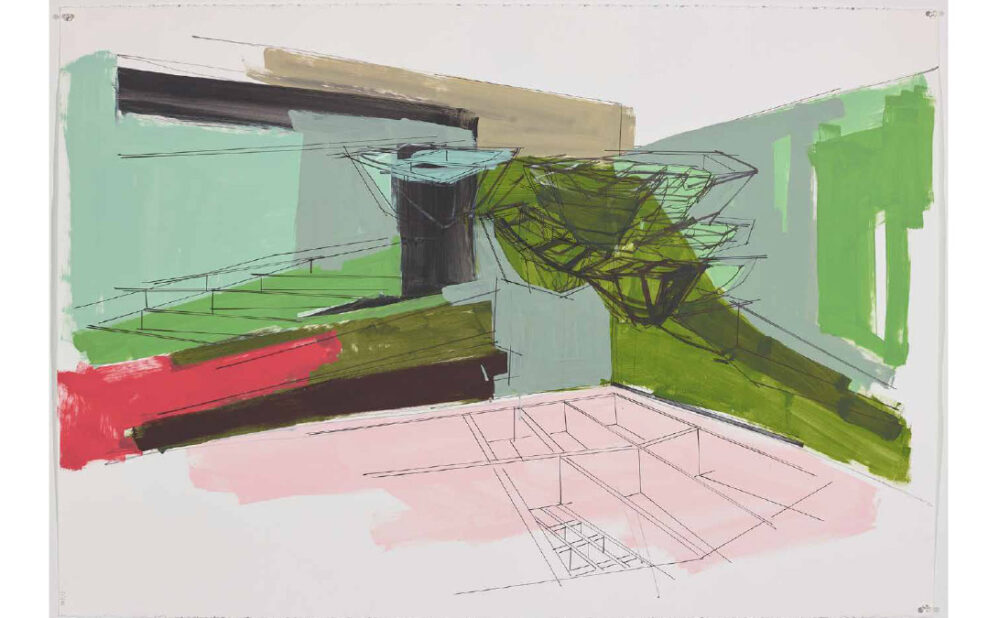 Denyse Thomasos. Untitled (Kingdom Come), 2011. Acrylic on paper, preparatory drawing for Kingdom Come, a site-specific installation at Oakville Galleries, 77.5 × 111.8 cm. Collection of Oakville Galleries, purchased with the support of the Elizabeth L. Gordon Art Program of the Gordon Foundation, administered by the Ontario Arts Foundation, and the Corporation of the Town of Oakville, 2022. © The Estate of Denyse Thomasos and Olga Korper Gallery, Photo: Craig Boyko.
