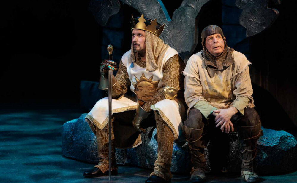 Jonathan Goad (left) as King Arthur and Eddie Glen as Patsy in Monty Python’s Spamalot. Stratford Festival 2023.