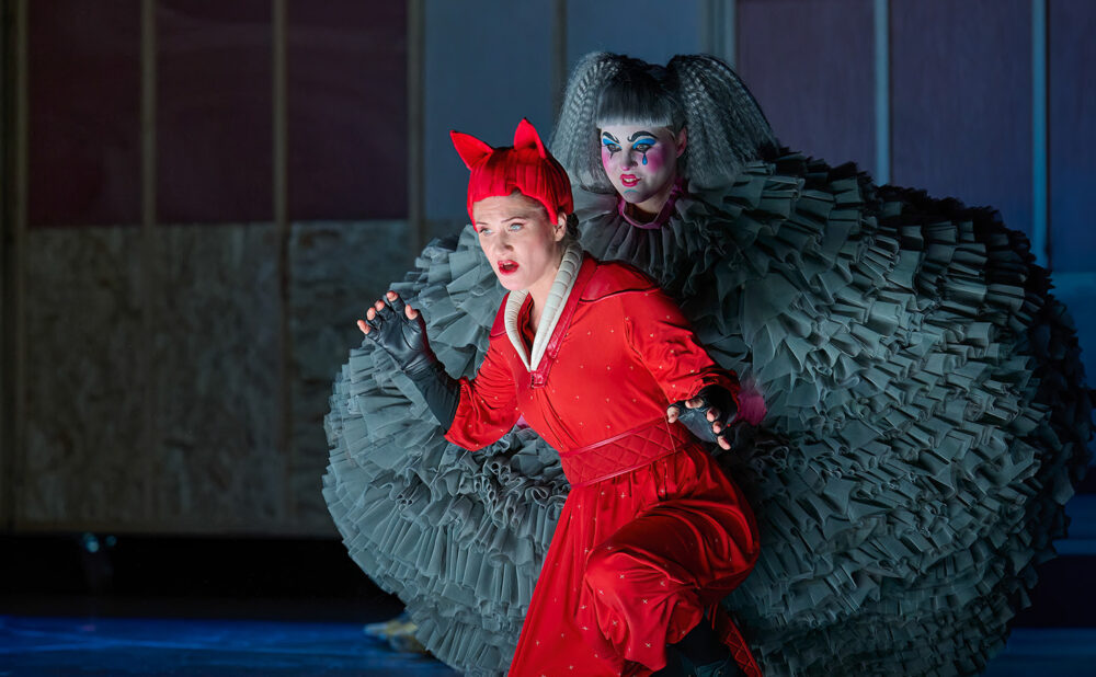 Jane Archibald as the Vixen and Carolyn Sproule as the Dog (behind) in The Cunning Little Vixen (Photo Michael Cooper)