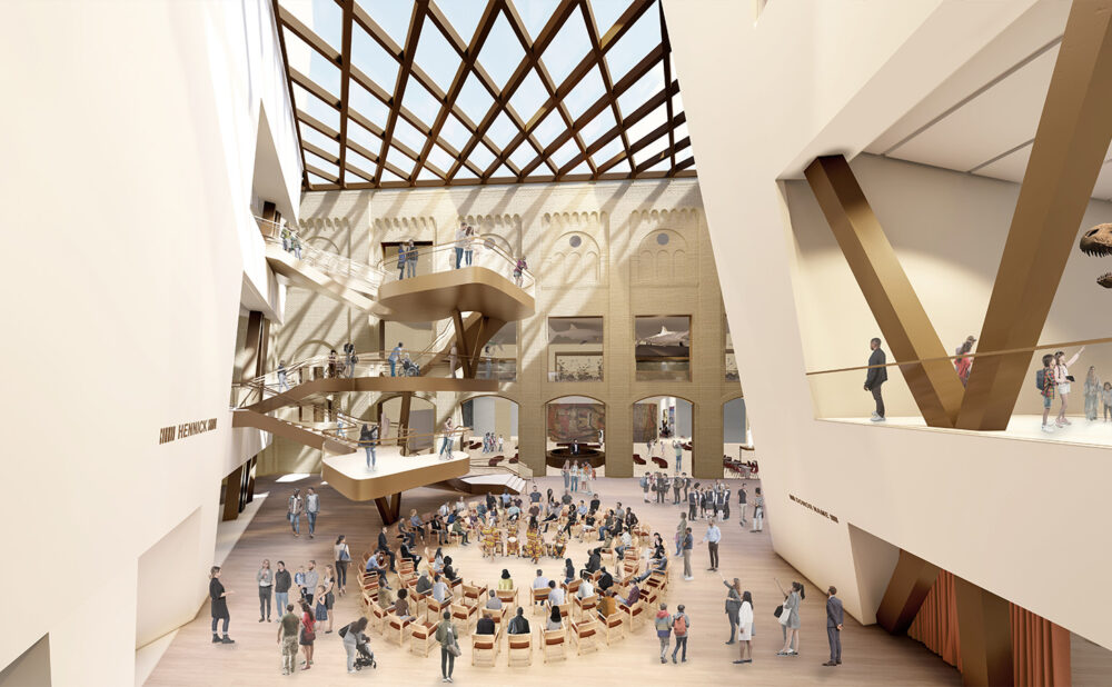 Once inside, the ceiling will be raised with massive skylights illuminating a “courtyard area” that includes cutaway views into the galleries on the floors above