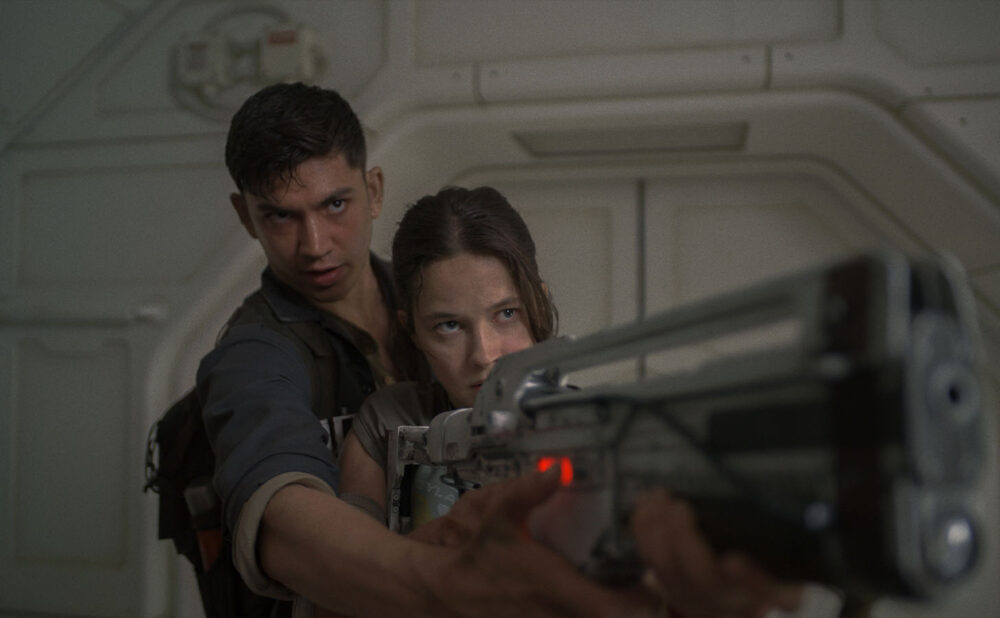 Archie Renaux as Tyler and Cailee Spaeny as Rain Carradine in 'Alien: Romulus'