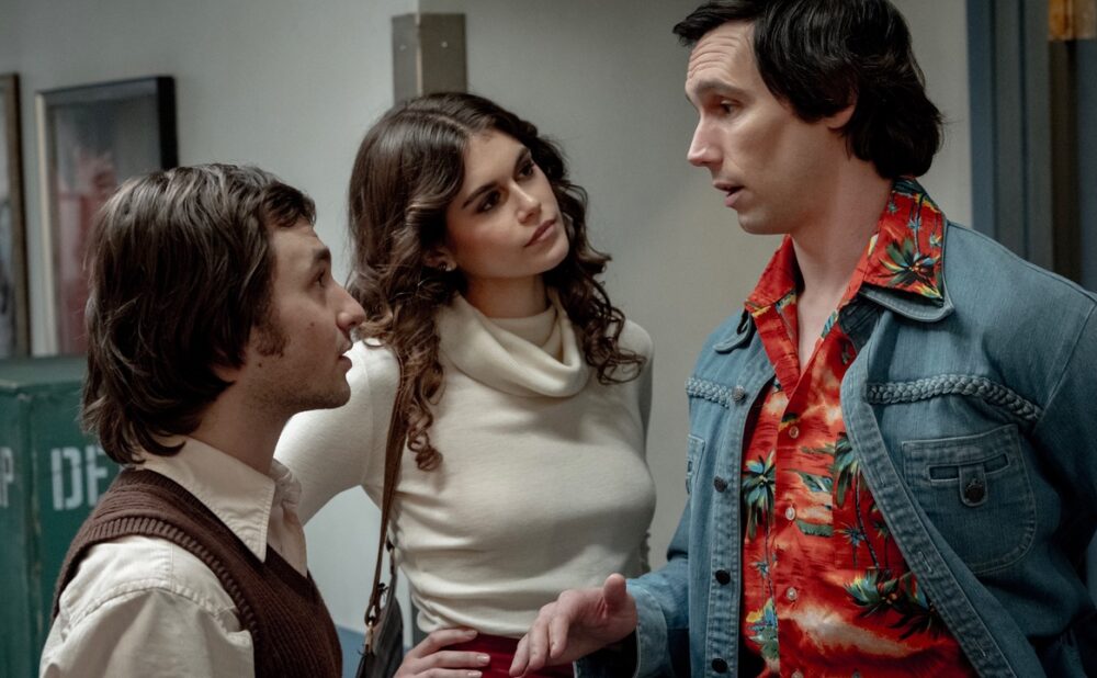 Lorne Michaels (Gabriel LaBelle), Jacqueline Carlin (Kaia Gerber), Chevy Chase (Cory Michael Smith) in SATURDAY NIGHT.