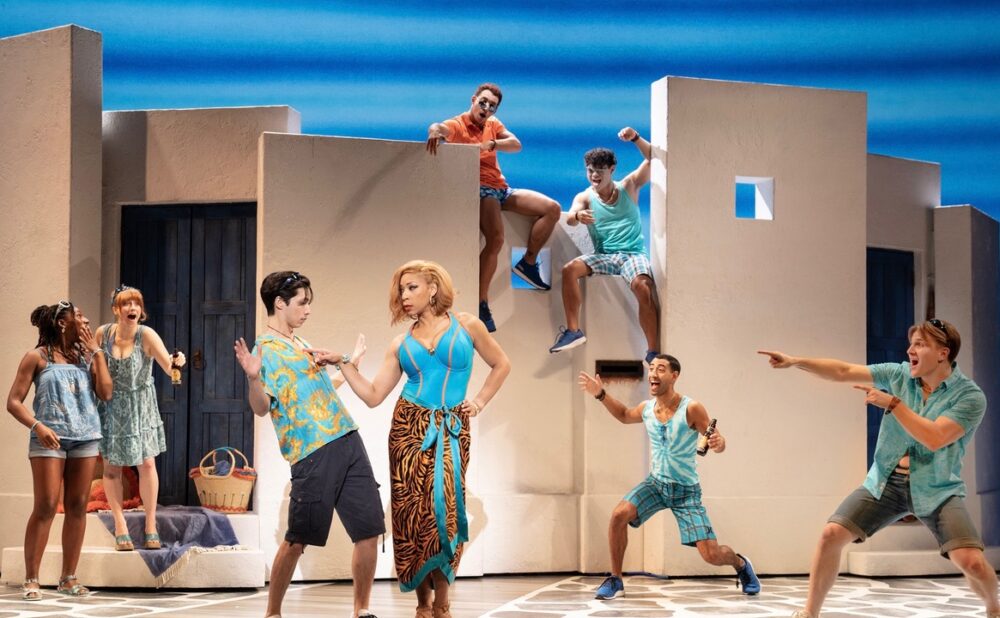 Patrick Park (Pepper), Jalynn Steele (Tanya), and the Company of MAMMA MIA! 25th Anniversary Tour. Photo Credit: Joan Marcus